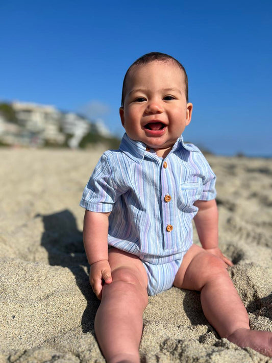 Multi Blue Stripe Woven Collared Onesie