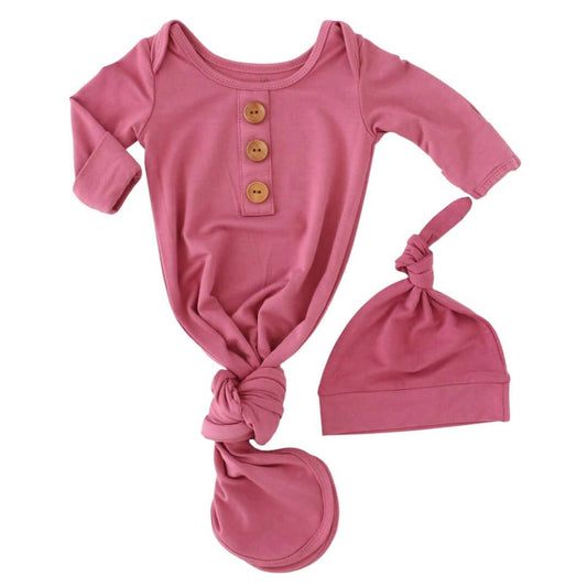 Solid Dusty Rose Bamboo Baby Knot Gown & Hat