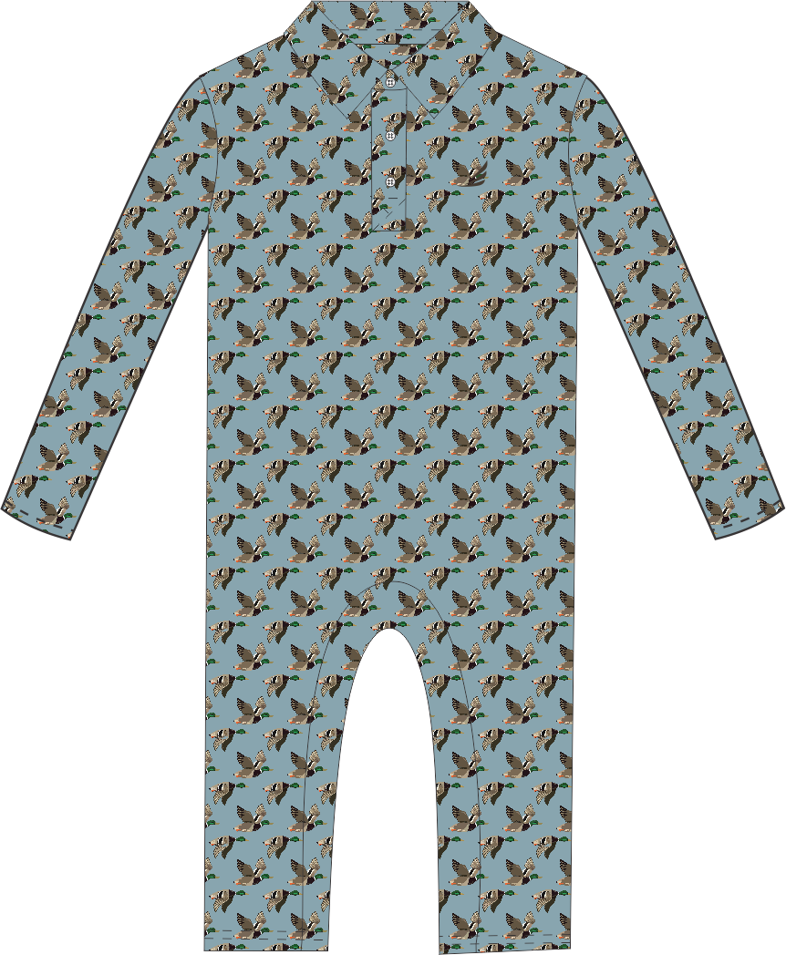 Performance Collared L/S Romper- Duck Print