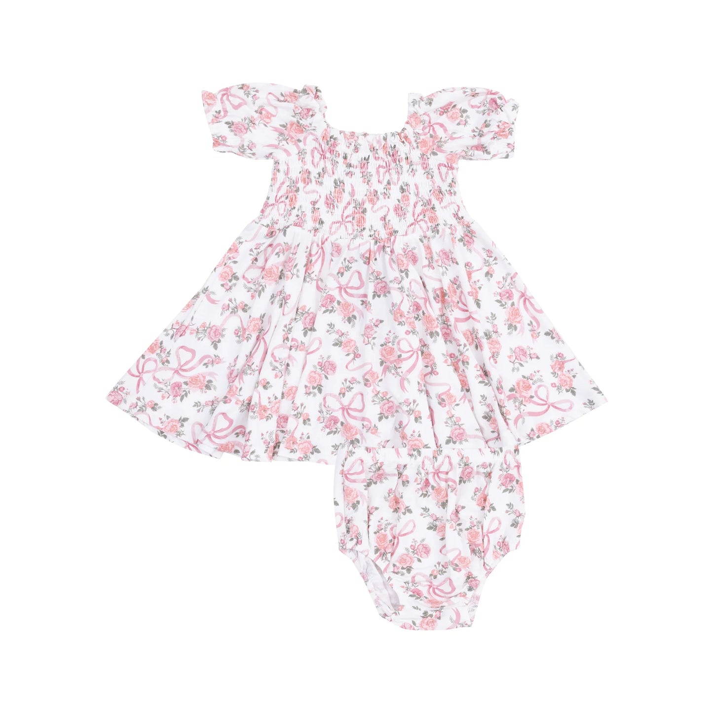 Ribbons & Flowers Puff Sleeve Smocked Dress w/ Diaper Cover
