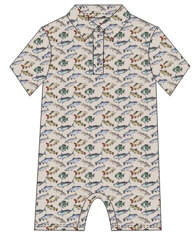 Performance Collared S/S Romper- Fish Print