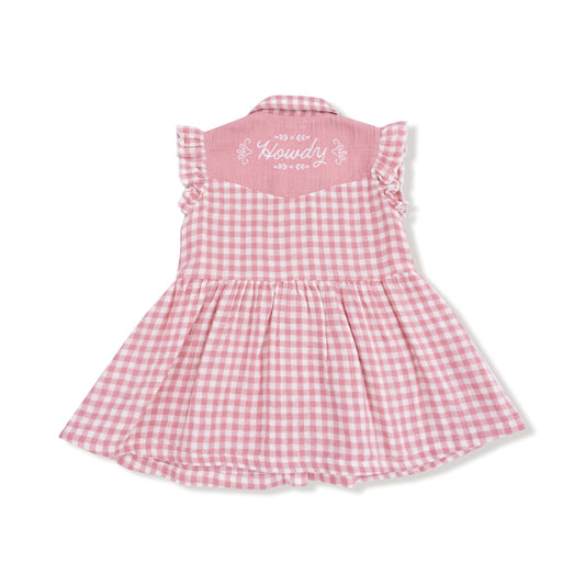 Western Pearl Snap Dress w/ Howdy Embroidery on Back- Rose Pink Plaid