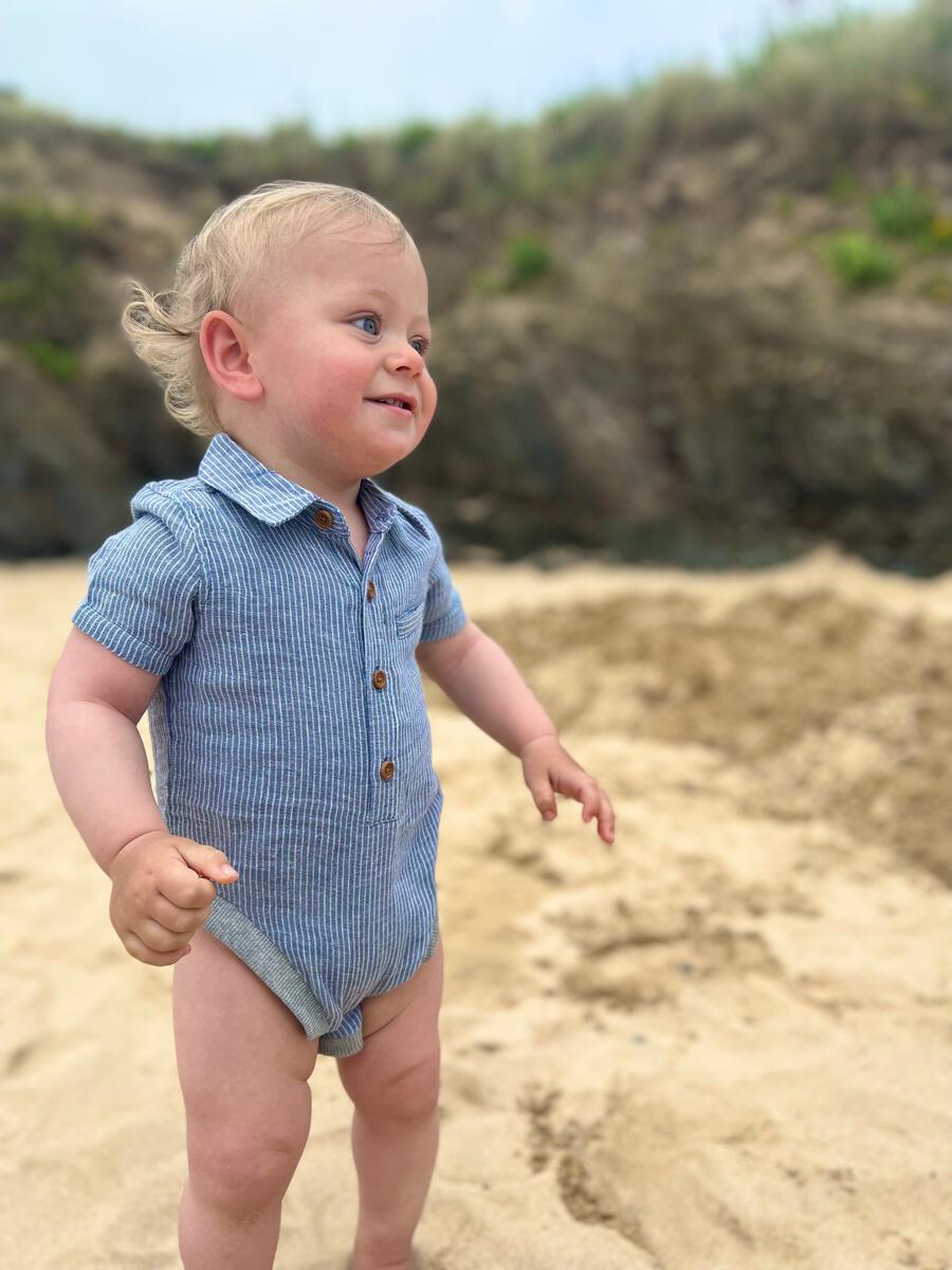 Navy & White Gauze Stripe Collared Onesie