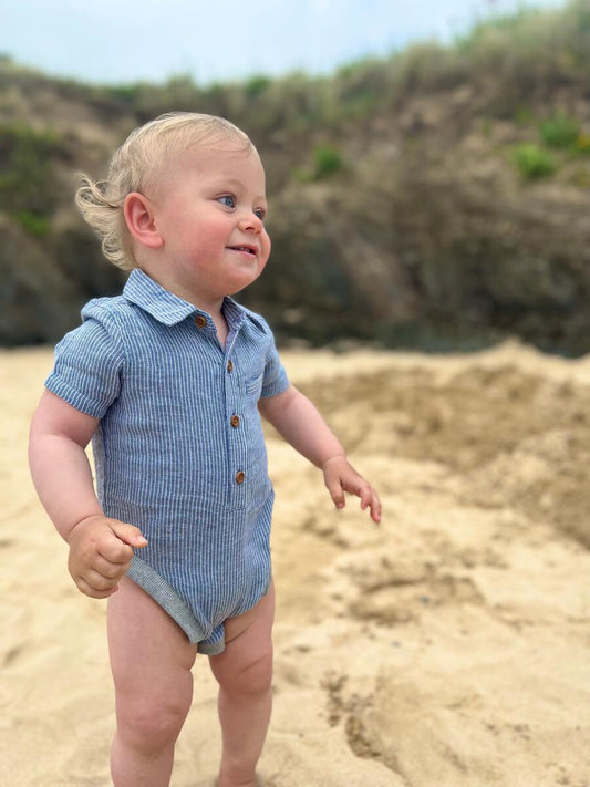 Navy & White Gauze Stripe Collared Onesie