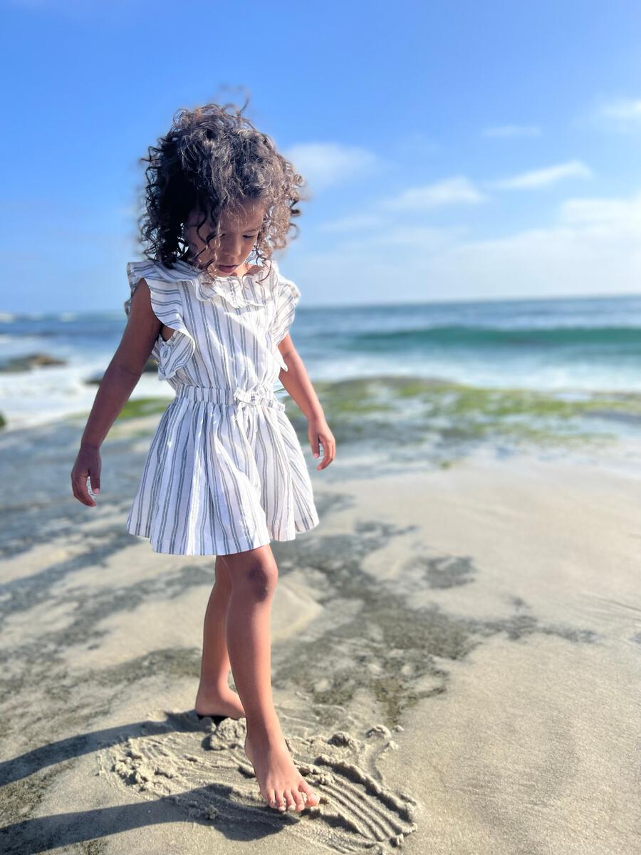 Sandy Romper- Grey Stripe