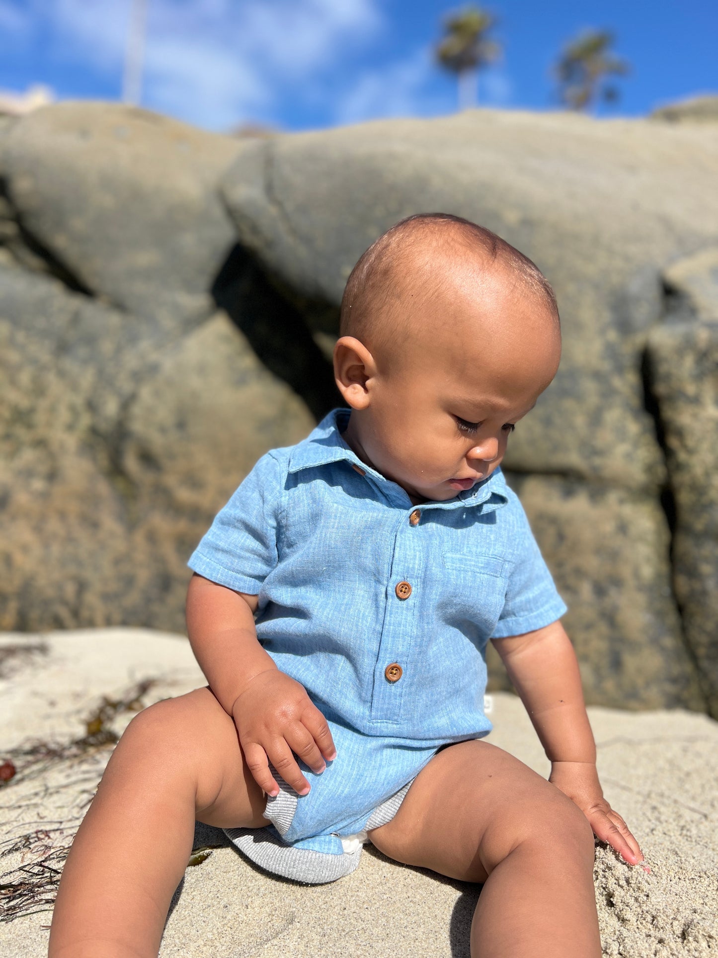 Blue Self Stripe Woven Collared Onesie