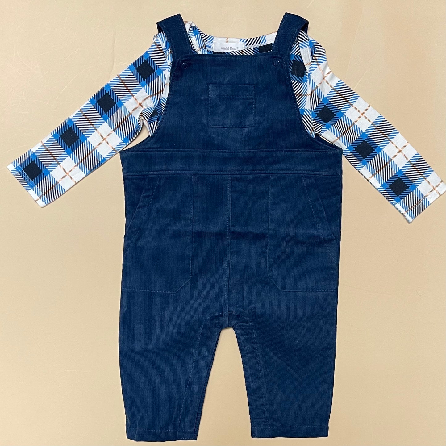 Dark Denim Corduroy Coveralls w/ Plaid Bodysuit Set