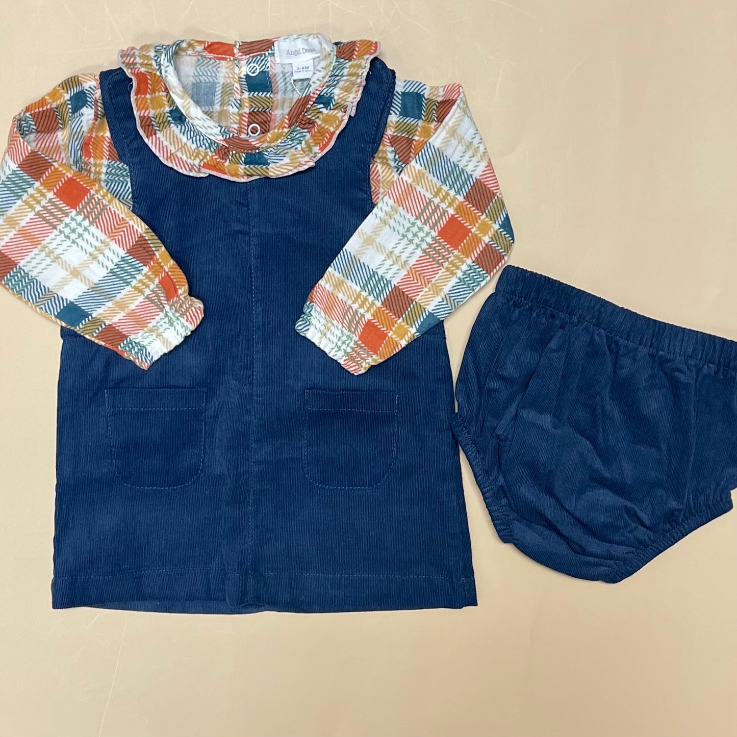 Plaid Blouse w/ Dark Denim Corduroy Dress & Diaper Cover Set