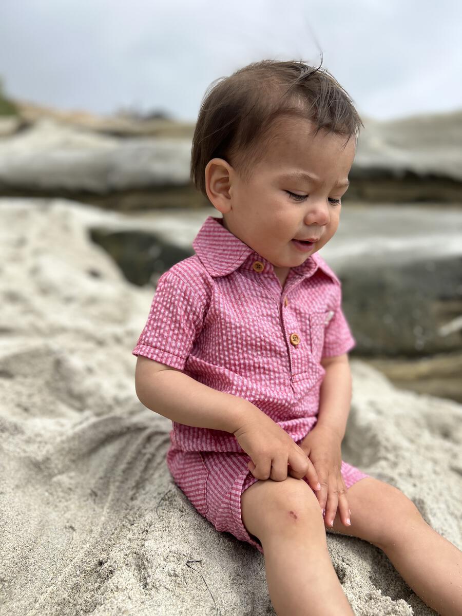 Dusty Red Seersucker Polo Romper