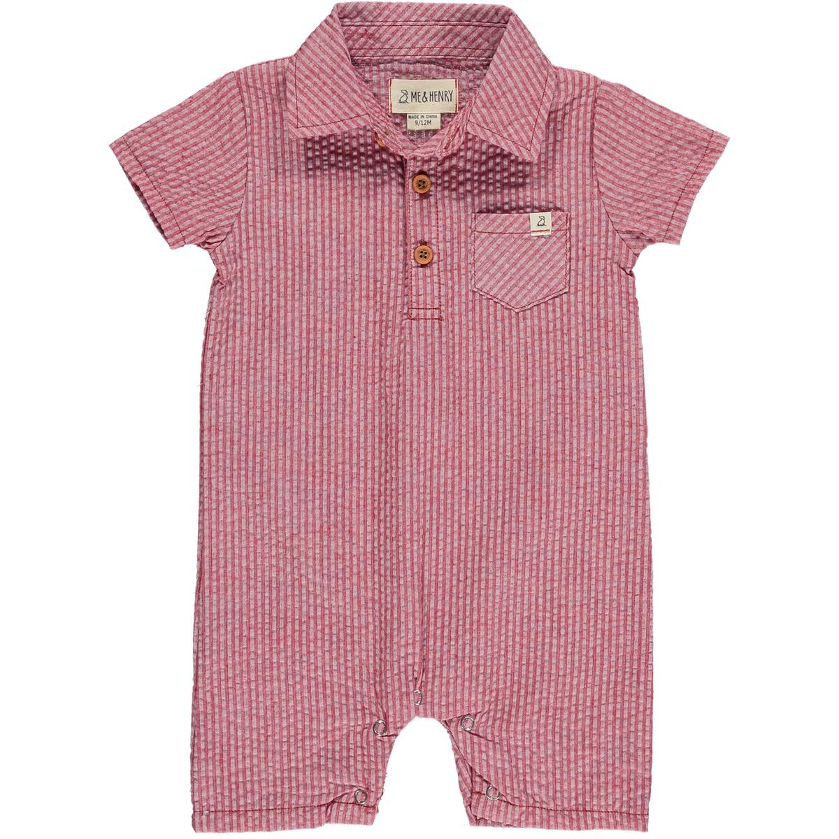 Dusty Red Seersucker Polo Romper