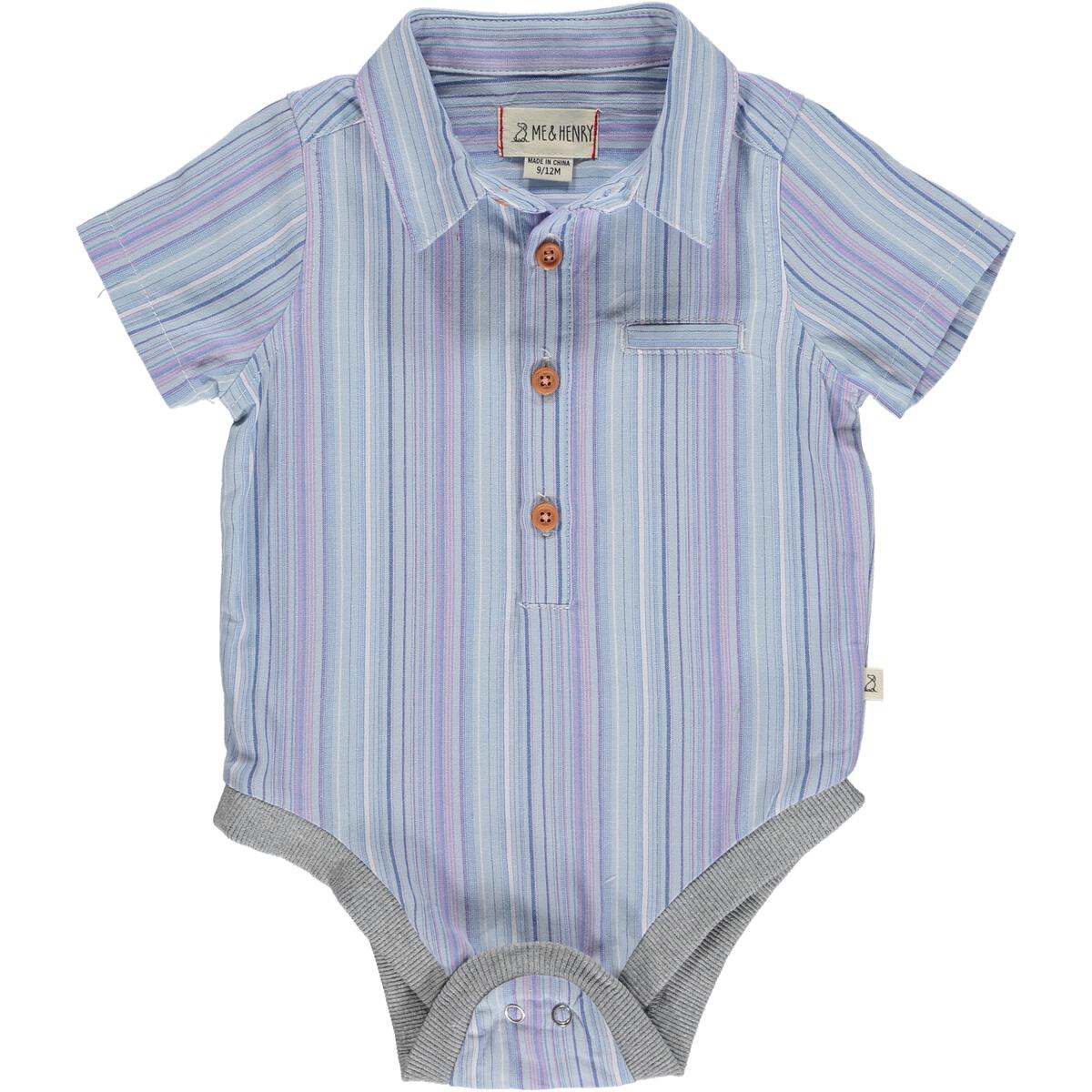 Multi Blue Stripe Woven Collared Onesie