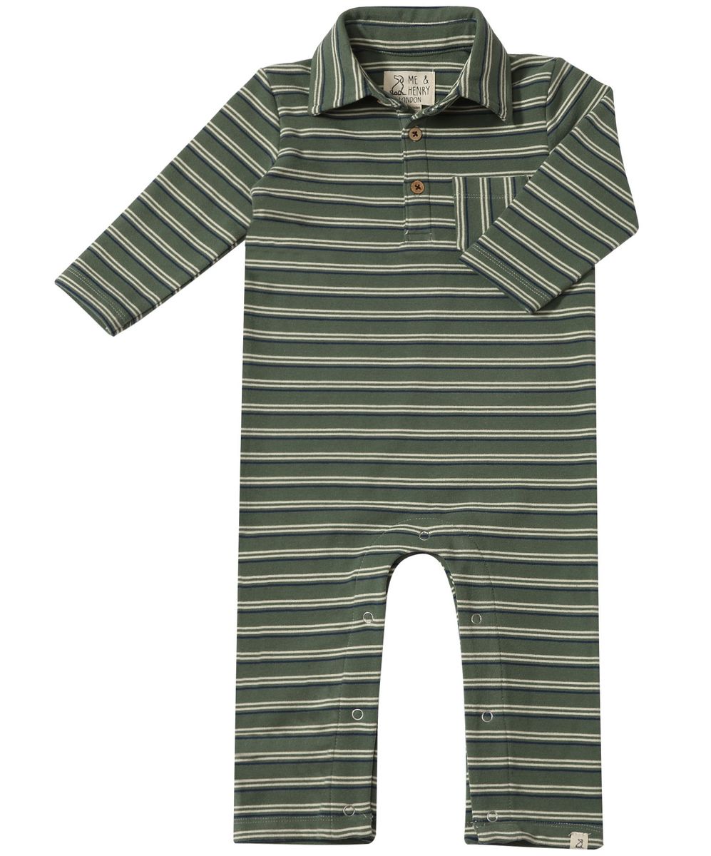 Polo Romper- Green Double Stripe