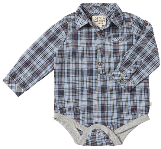 Cotton Polo Onesie- Navy/Sky Multi Plaid
