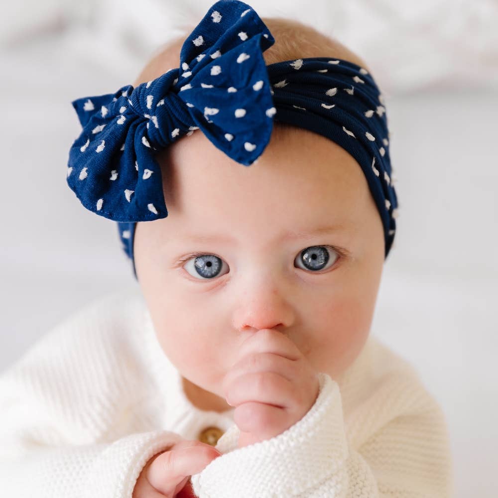 Dusty Blue/White dot Baby Bling® Shabby Dot Knot soft nylon headband: