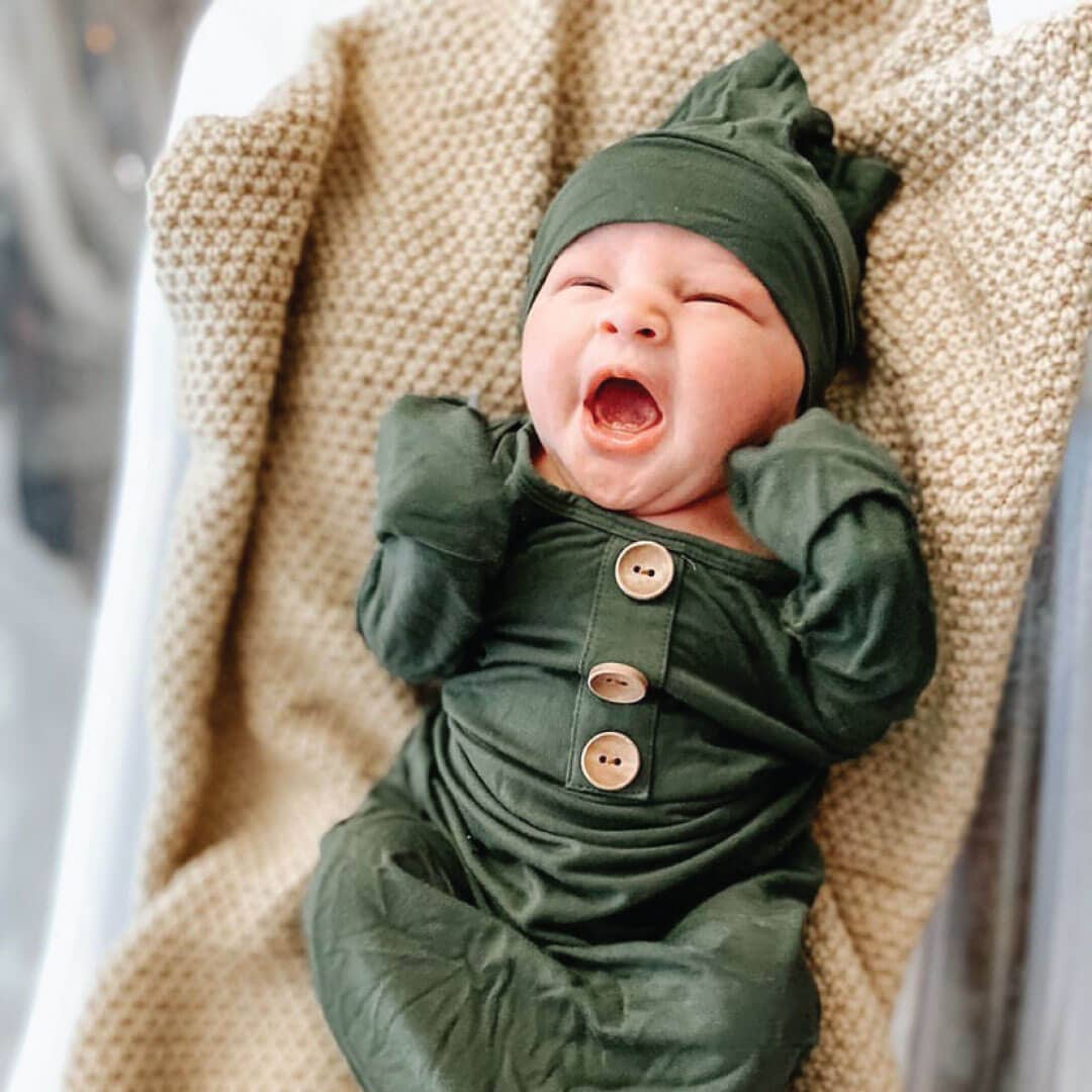 Solid Olive Bamboo Baby Knot Gown & Hat: Newborn / 7-14lbs+