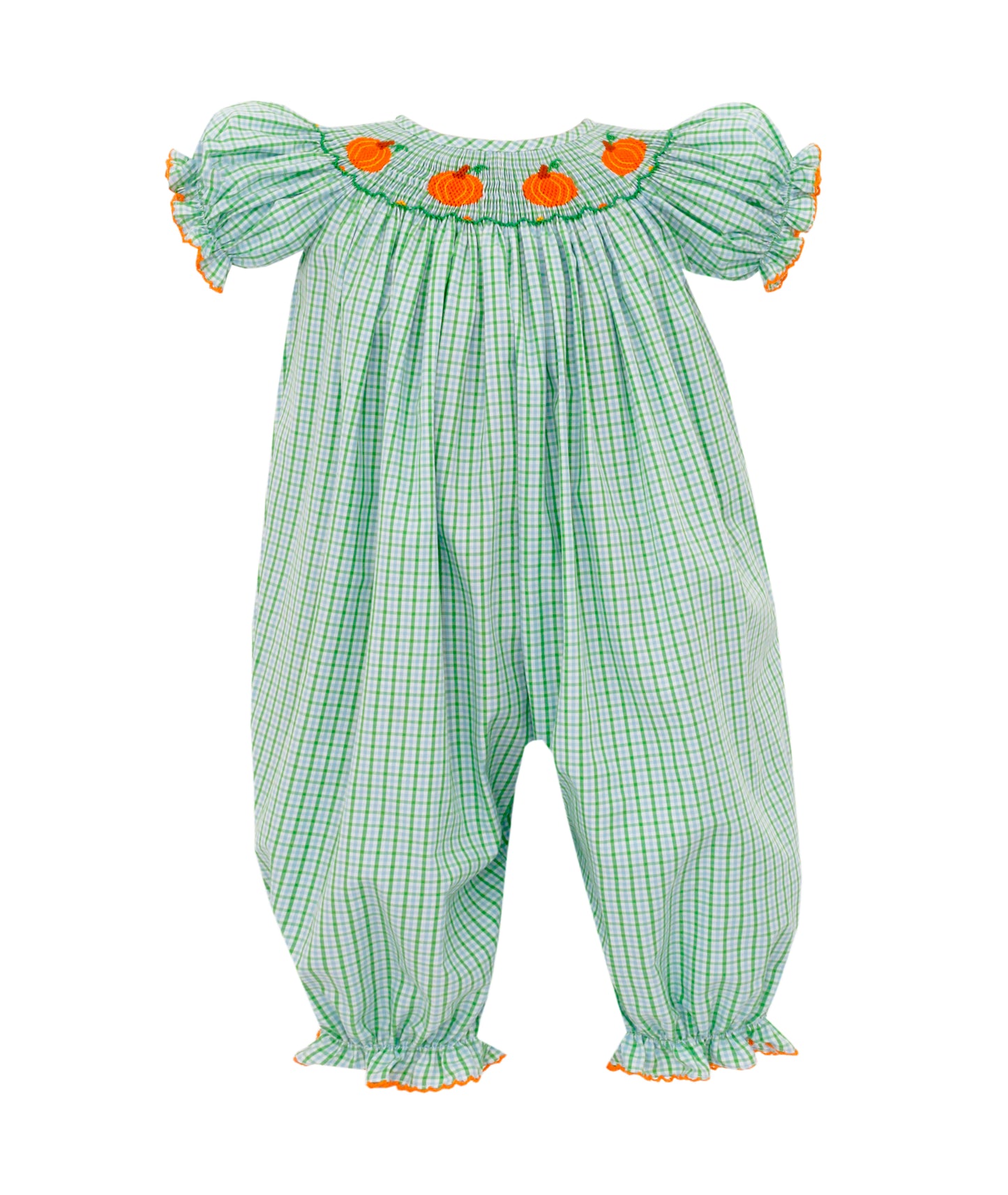 Green & Blue Checked Bishop Long Bubble w/ Smocked Pumpkins