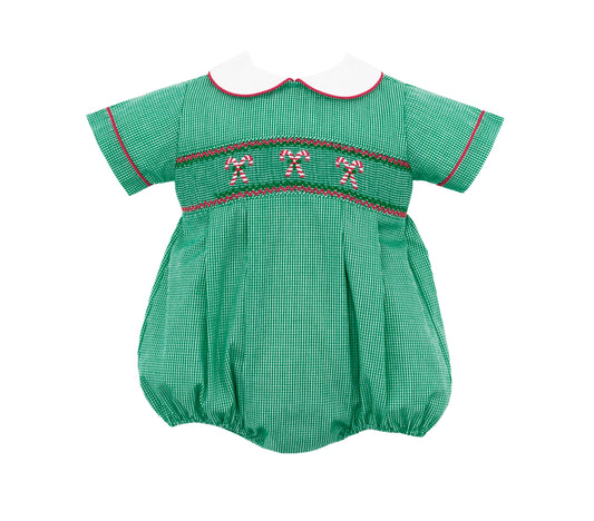 Green & White Checked Smocked Candy Cane Christmas Bubble