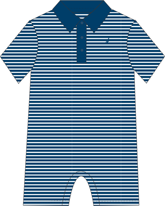 Performance Collared S/S Romper- Navy Stripe