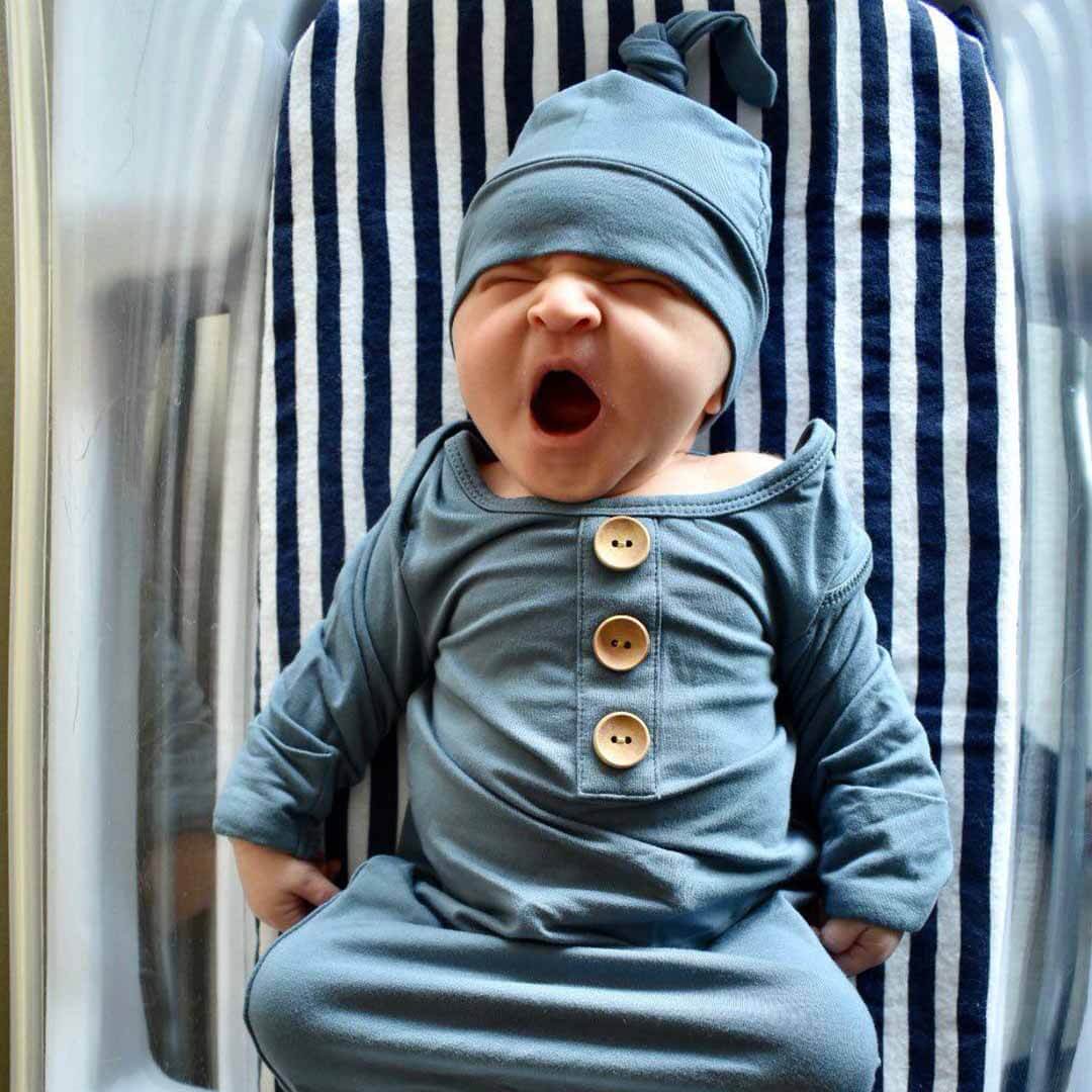 Solid Dusty Blue Bamboo Baby Knot Gown & Hat: Newborn / 7-14lbs+