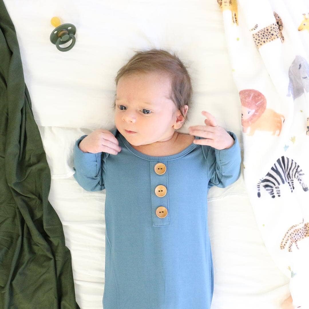Solid Dusty Blue Bamboo Baby Knot Gown & Hat: Newborn / 7-14lbs+