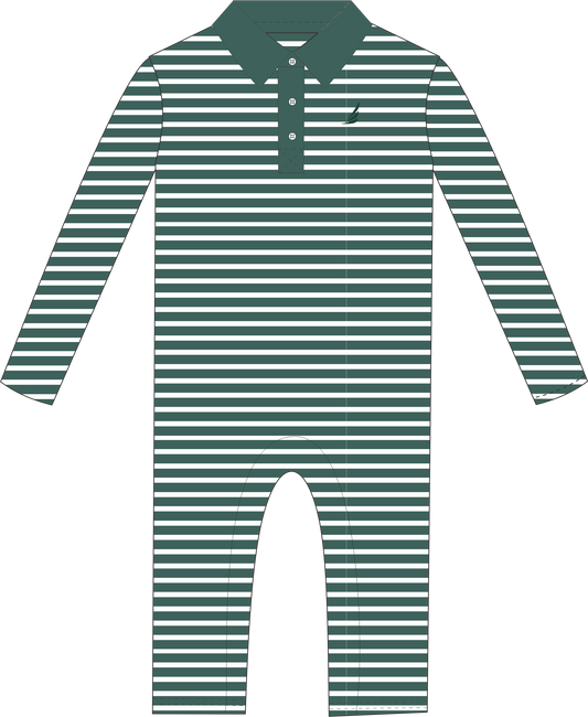Performance Collared L/S Romper- Pine Stripe