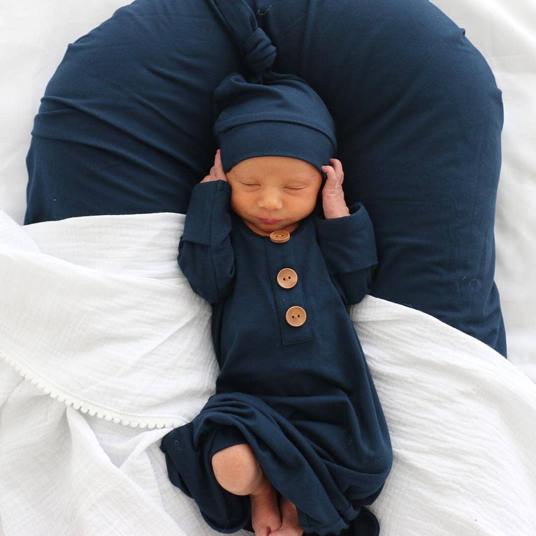 Solid Dark Navy Bamboo Baby Knot Gown & Hat: Newborn / 7-14lbs+