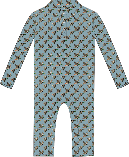 Performance Collared L/S Romper- Duck Print