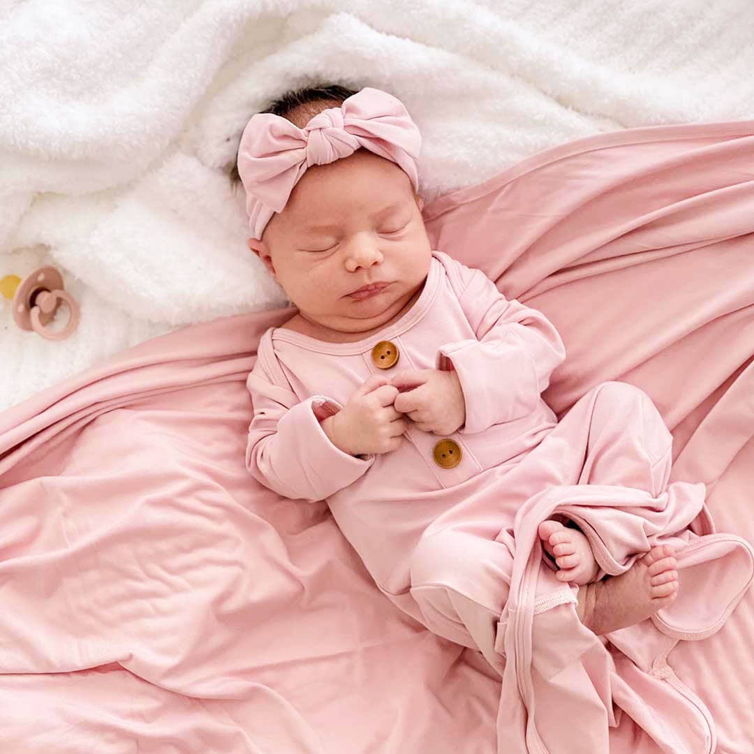 Solid Petal Pink Bamboo Baby Knot Gown & Hat: Newborn / 7-14lbs+