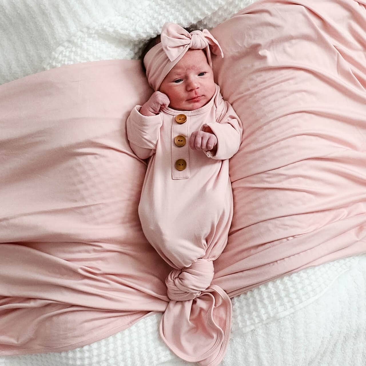 Solid Petal Pink Bamboo Baby Knot Gown & Hat: Newborn / 7-14lbs+