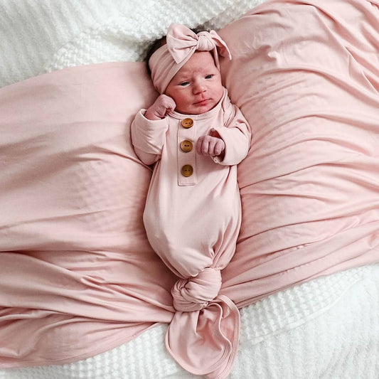 Solid Petal Pink Bamboo Baby Knot Gown & Hat: Newborn / 7-14lbs+