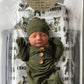 Solid Olive Bamboo Baby Knot Gown & Hat: Newborn / 7-14lbs+