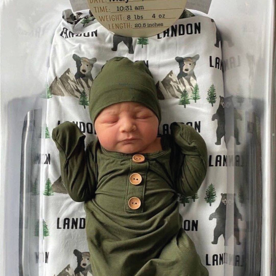 Solid Olive Bamboo Baby Knot Gown & Hat: Newborn / 7-14lbs+