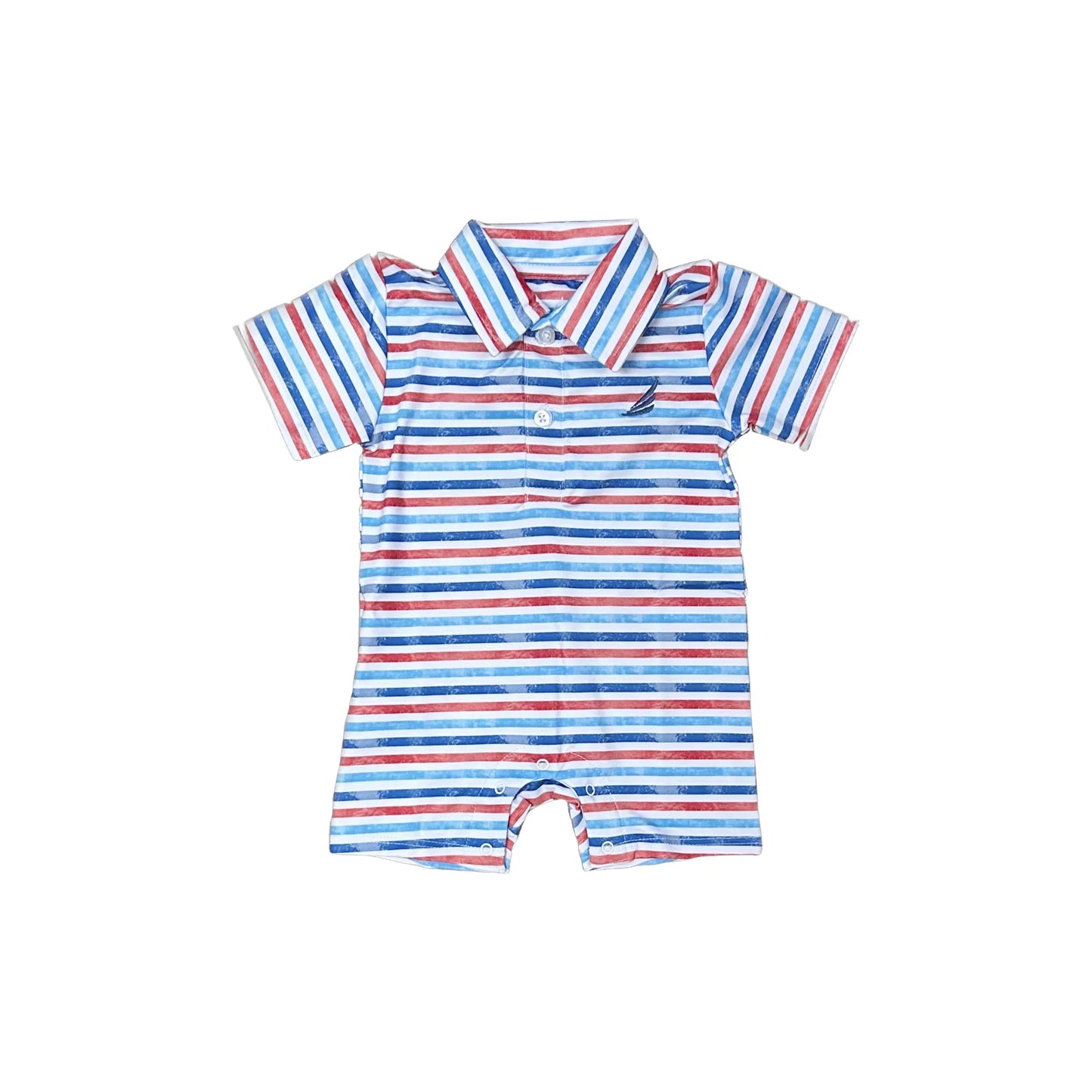 Performance Stripe Button Baby Romper- Nautical Stripe