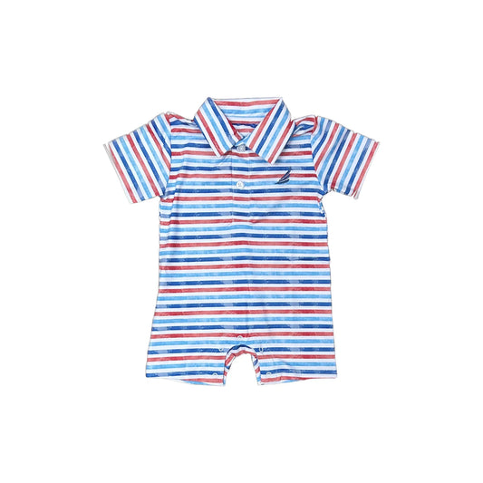 Performance Stripe Button Baby Romper- Nautical Stripe