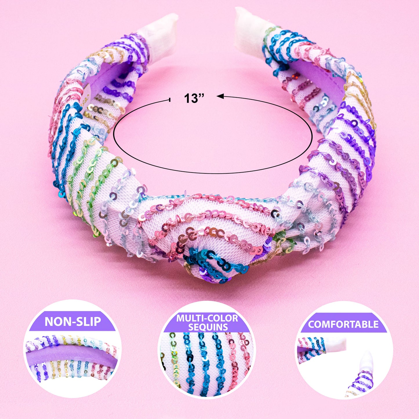 Kids Knot Headband - Rainbow Sequin Knotted Hair Accessories: White