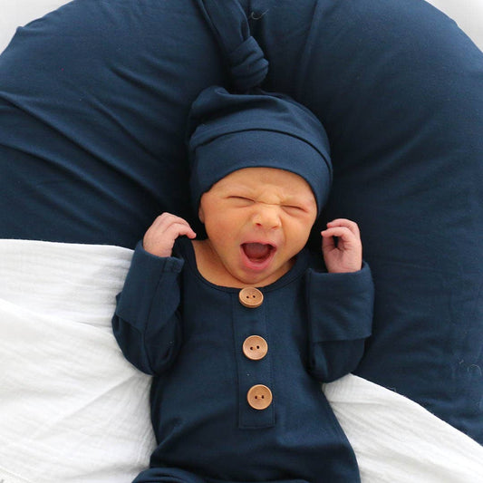 Solid Dark Navy Bamboo Baby Knot Gown & Hat: Newborn / 7-14lbs+