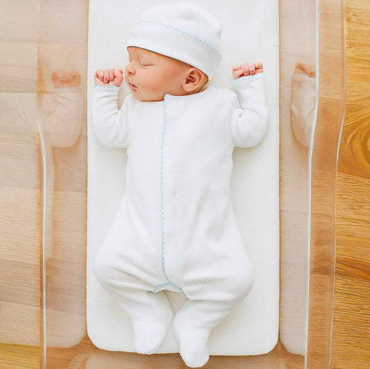 Solid Essentials White Footie  with Light Blue Trim: Preemie
