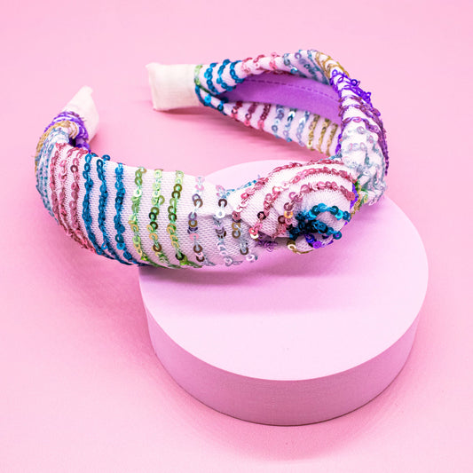 Kids Knot Headband - Rainbow Sequin Knotted Hair Accessories: White