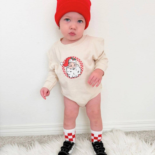 Retro Santa Christmas Long Sleeve Romper - Holiday Baby: 06-12M