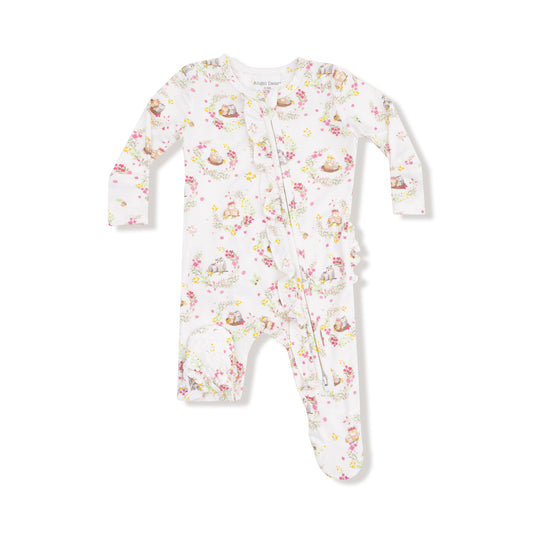 Two Way Ruffle Zipper Convertible Romper- Floral Owl Families