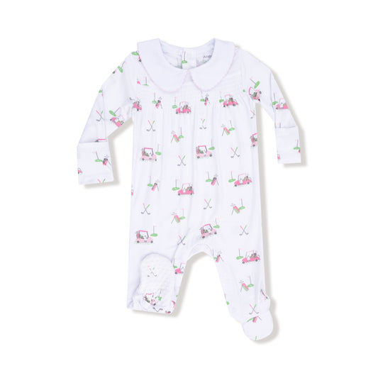Smocked Peter Pan Snap Footie- Baby Pink Golf Carts