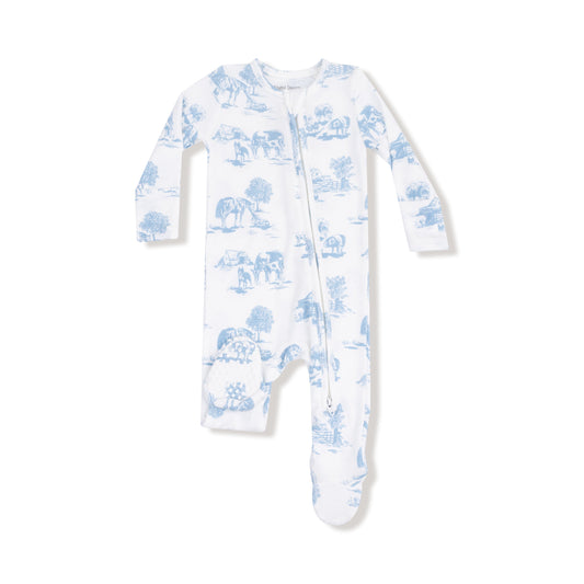 Two Way Zipper Footie- Blue Farm Toile