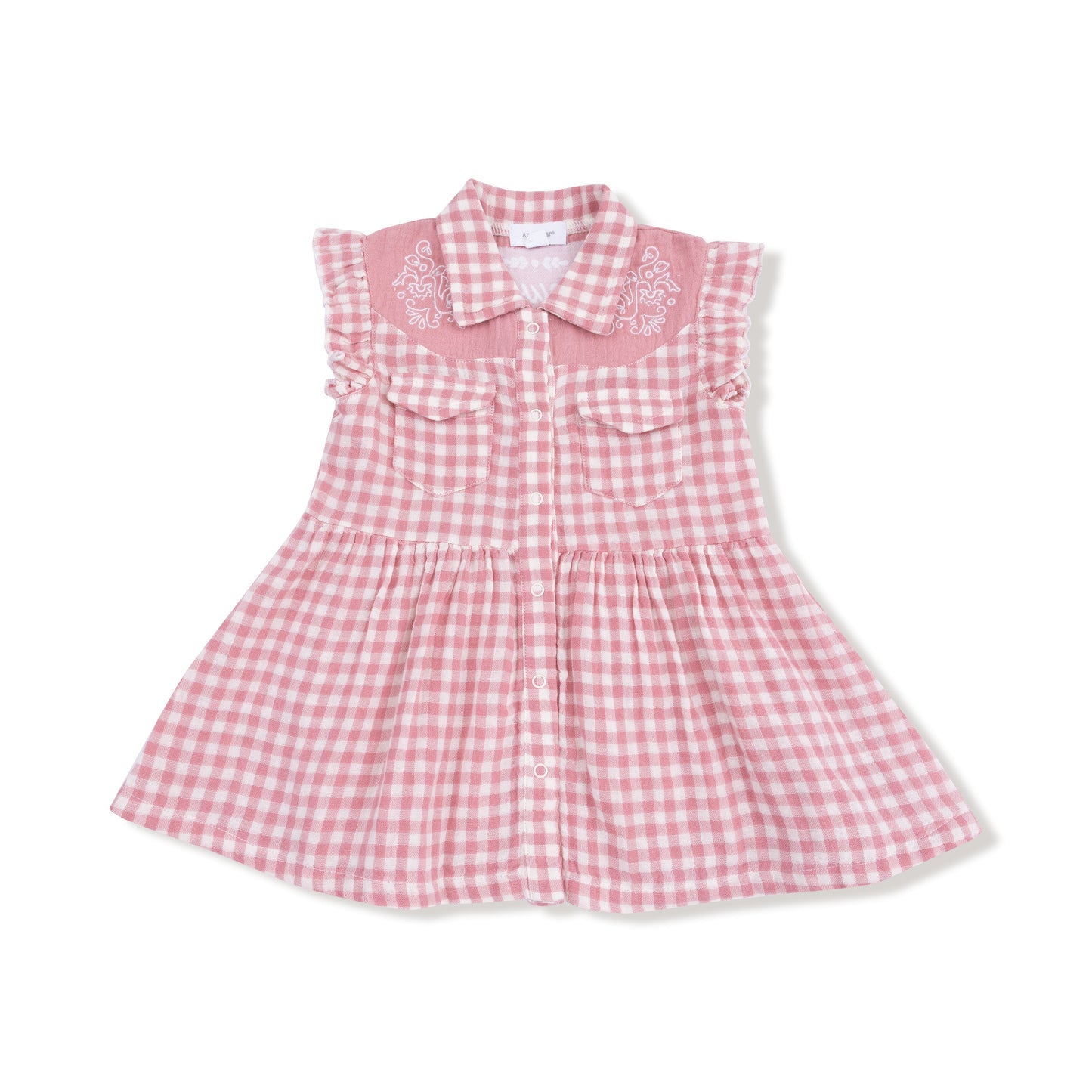 Western Pearl Snap Dress w/ Howdy Embroidery on Back- Rose Pink Plaid