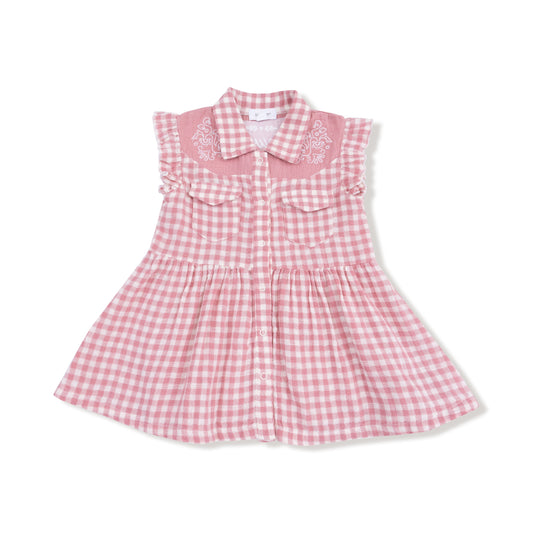 Western Pearl Snap Dress w/ Howdy Embroidery on Back- Rose Pink Plaid