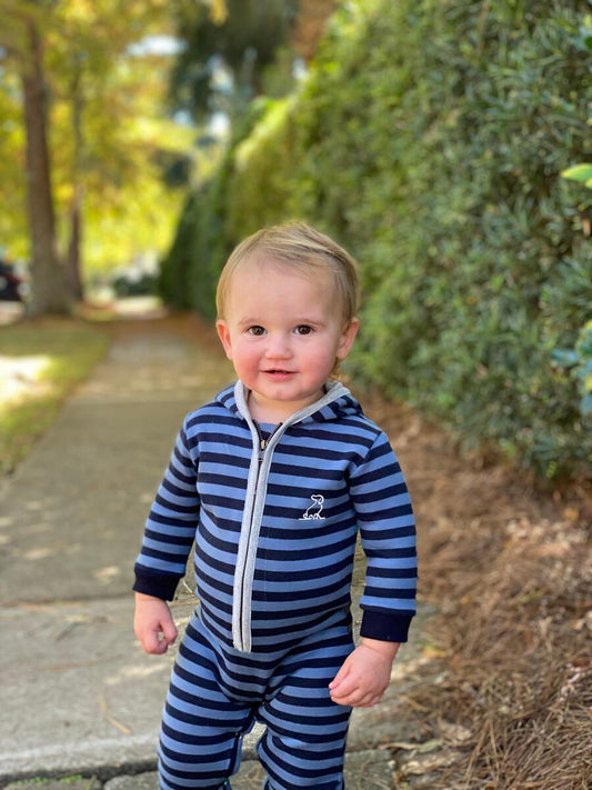 Me & Henry- Navy Stripes Hooded Romper