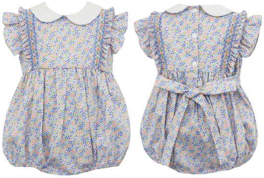 Claire & Charlie Pink & Blue Floral Liberty Bubble w/ Smocked Ruffle